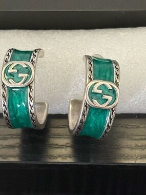 Green Enamel Hoop Earrings with Interlocking GG Logo Accent